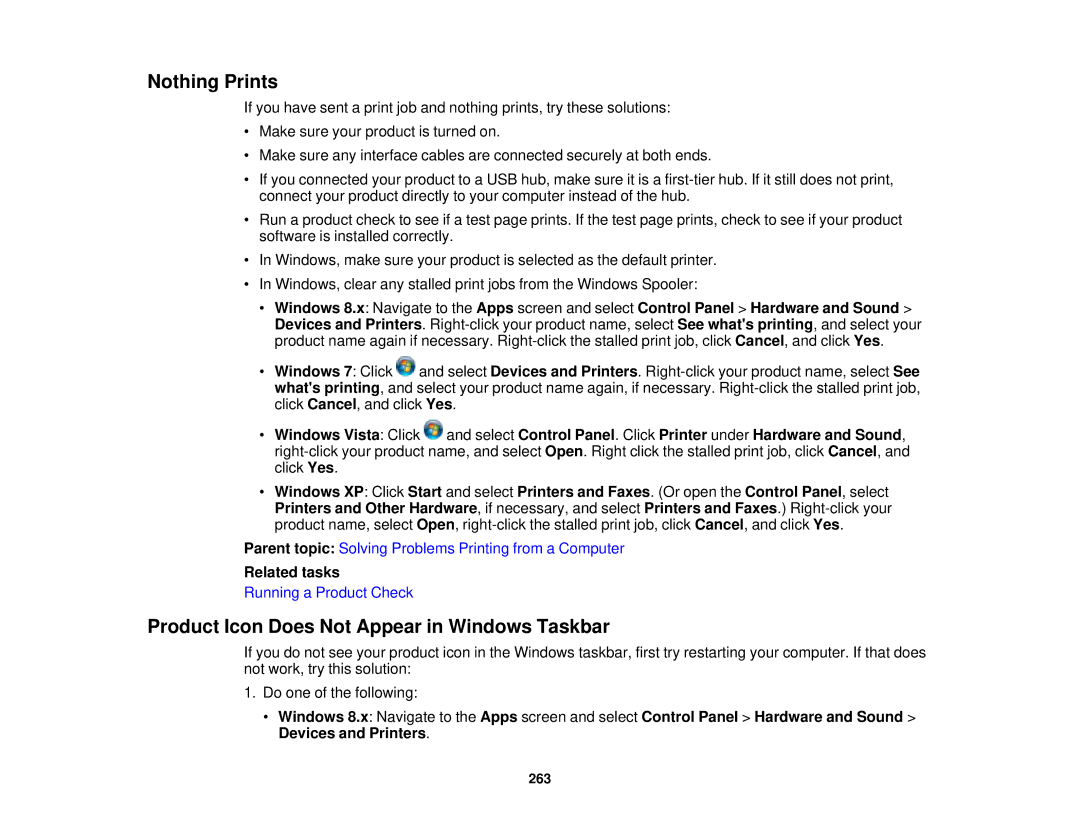 Epson WF2660 manual Nothing Prints, Product Icon Does Not Appear in Windows Taskbar 