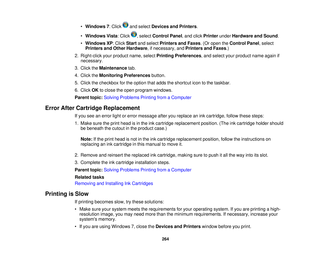 Epson WF2660 manual Error After Cartridge Replacement, Printing is Slow, Click the Monitoring Preferences button 