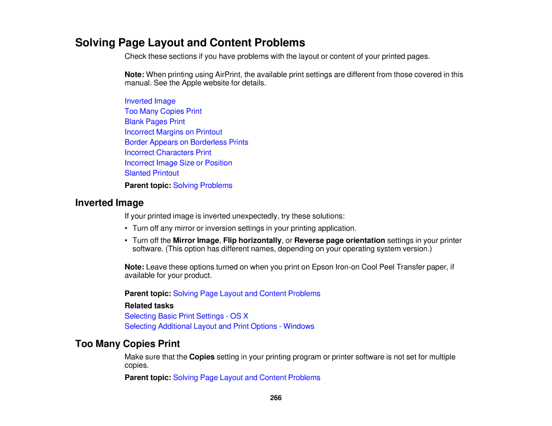 Epson WF2660 manual Solving Page Layout and Content Problems, Inverted Image, Too Many Copies Print 