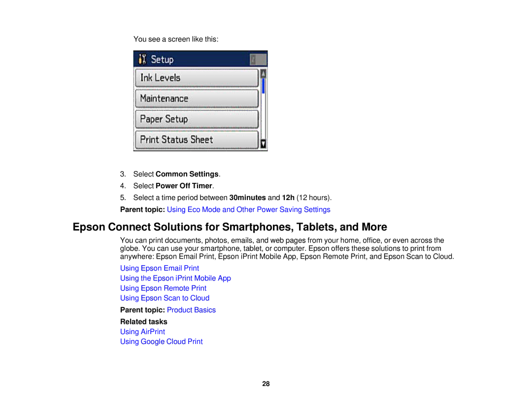 Epson WF2660 Epson Connect Solutions for Smartphones, Tablets, and More, Select Common Settings Select Power Off Timer 