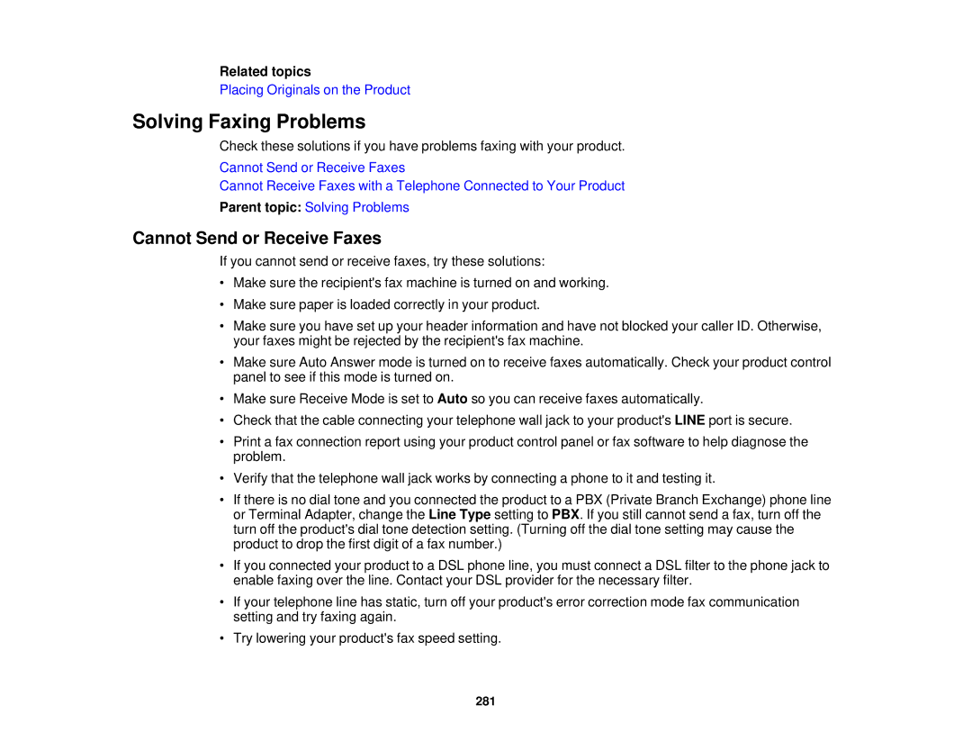 Epson WF2660 manual Solving Faxing Problems, Cannot Send or Receive Faxes 