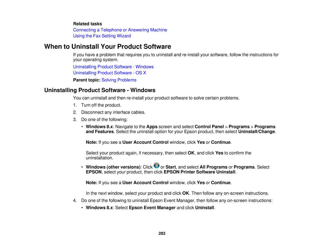 Epson WF2660 manual When to Uninstall Your Product Software, Uninstalling Product Software Windows 