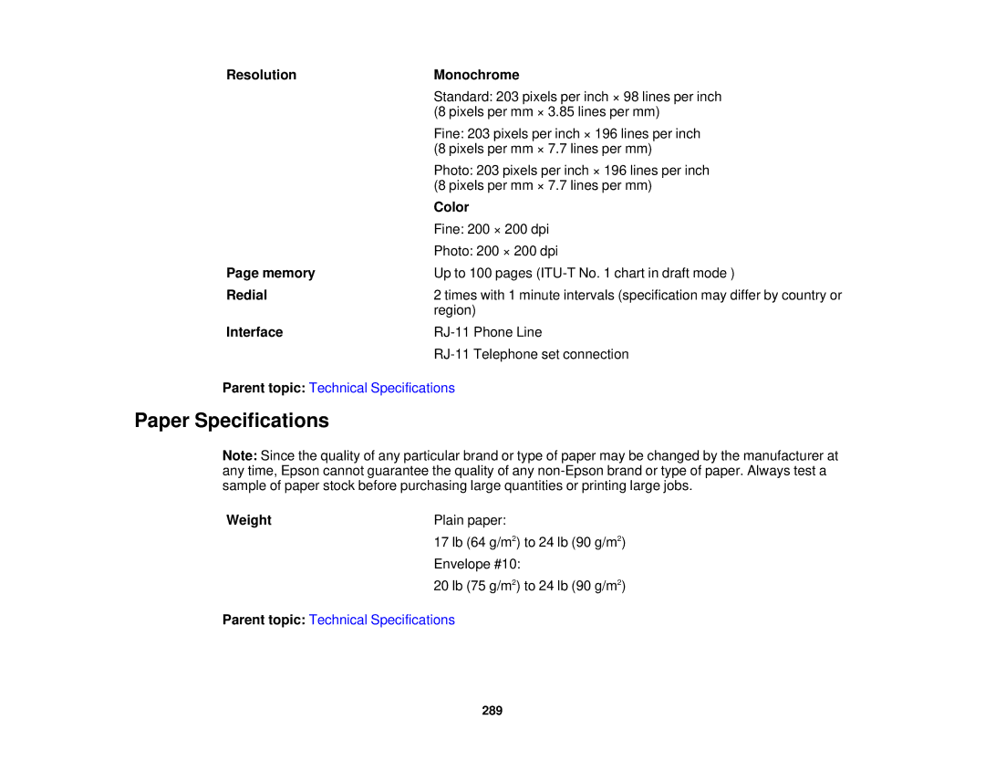 Epson WF2660 manual Paper Specifications 