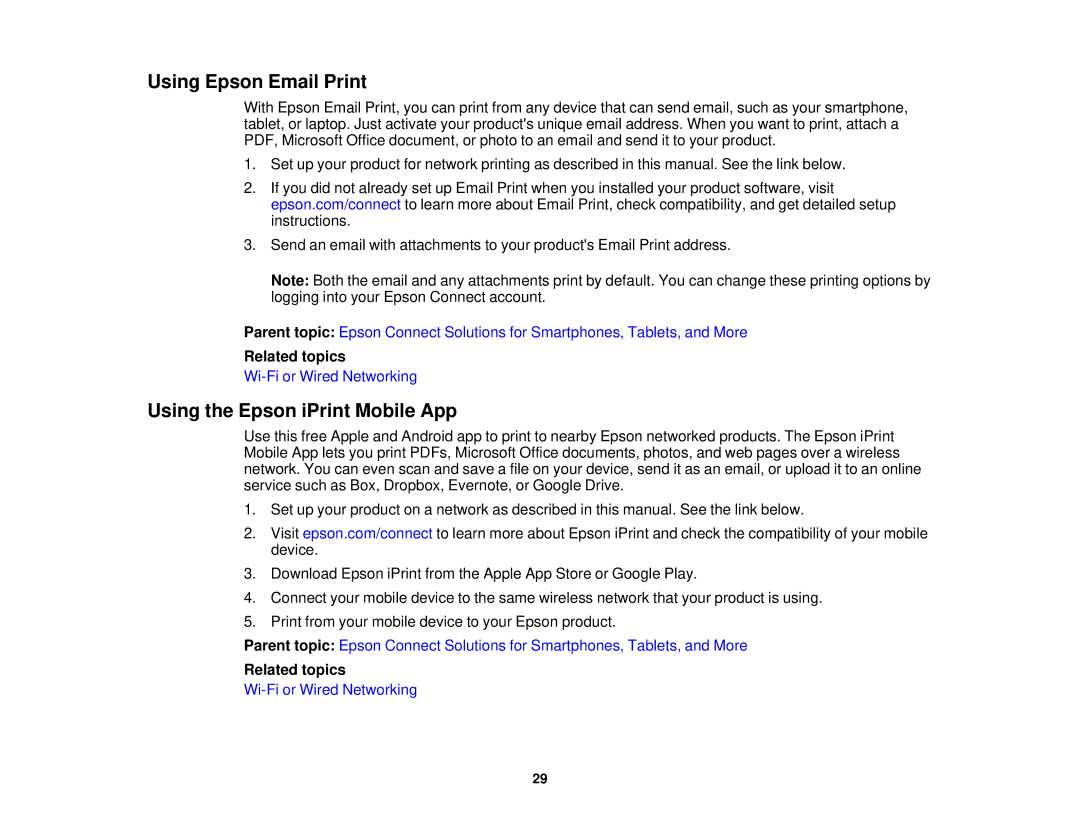 Epson WF2660 manual Using Epson Email Print, Using the Epson iPrint Mobile App, Related topics 