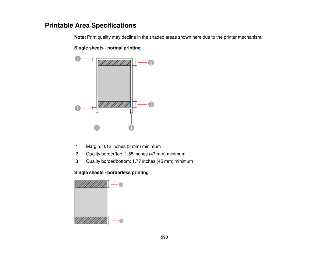 Epson WF2660 manual Printable Area Specifications, Single sheets normal printing, Single sheets borderless printing 