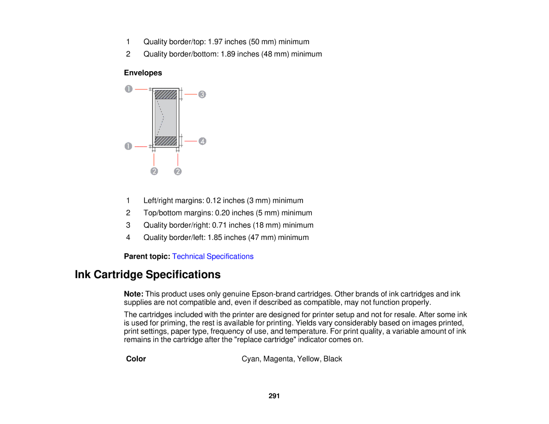 Epson WF2660 manual Ink Cartridge Specifications, Envelopes 