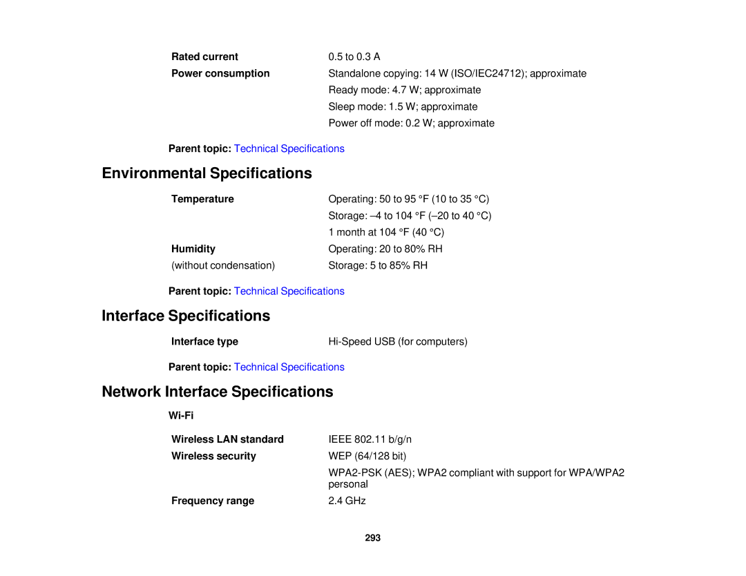 Epson WF2660 manual Environmental Specifications, Network Interface Specifications 