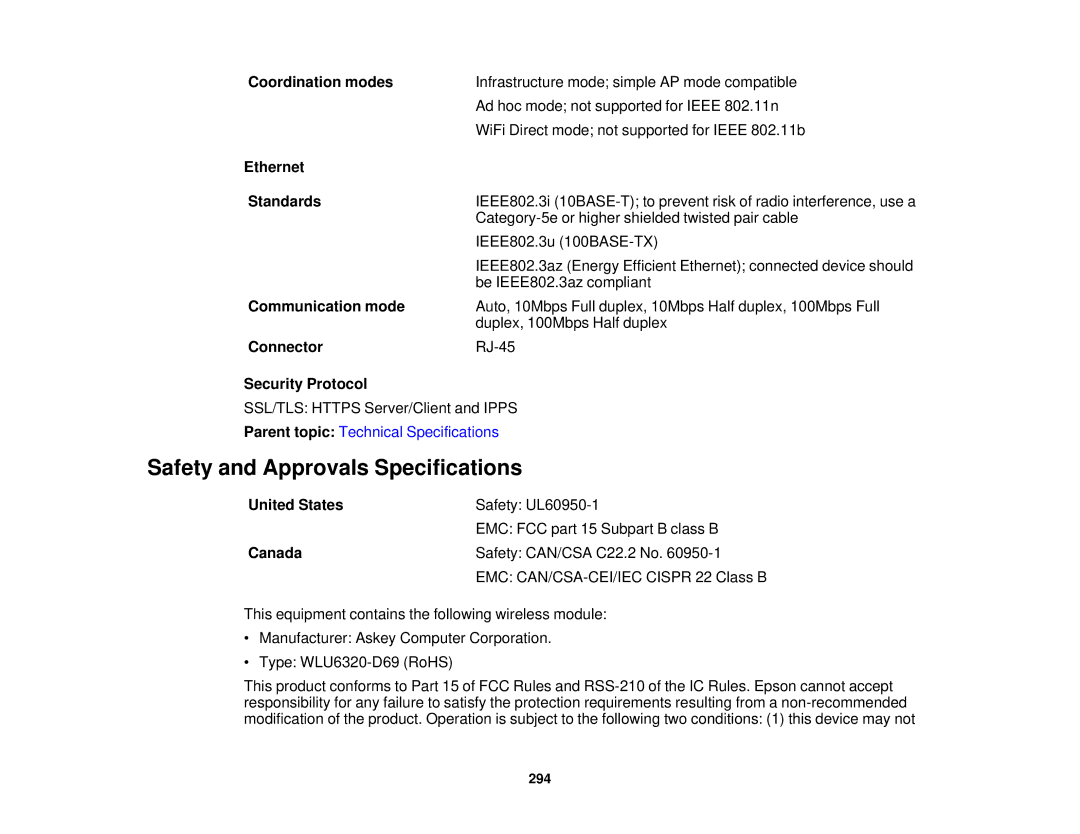 Epson WF2660 manual Safety and Approvals Specifications 