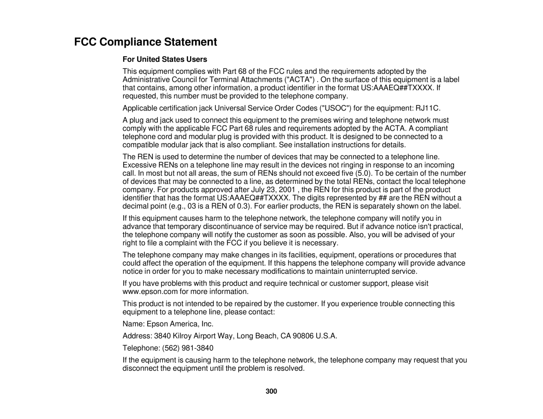 Epson WF2660 manual FCC Compliance Statement, For United States Users 