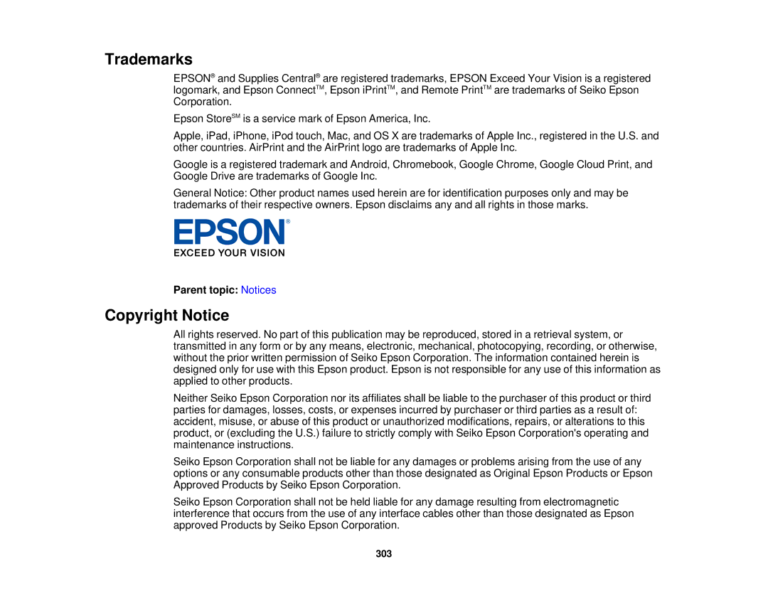 Epson WF2660 manual Trademarks, Copyright Notice 