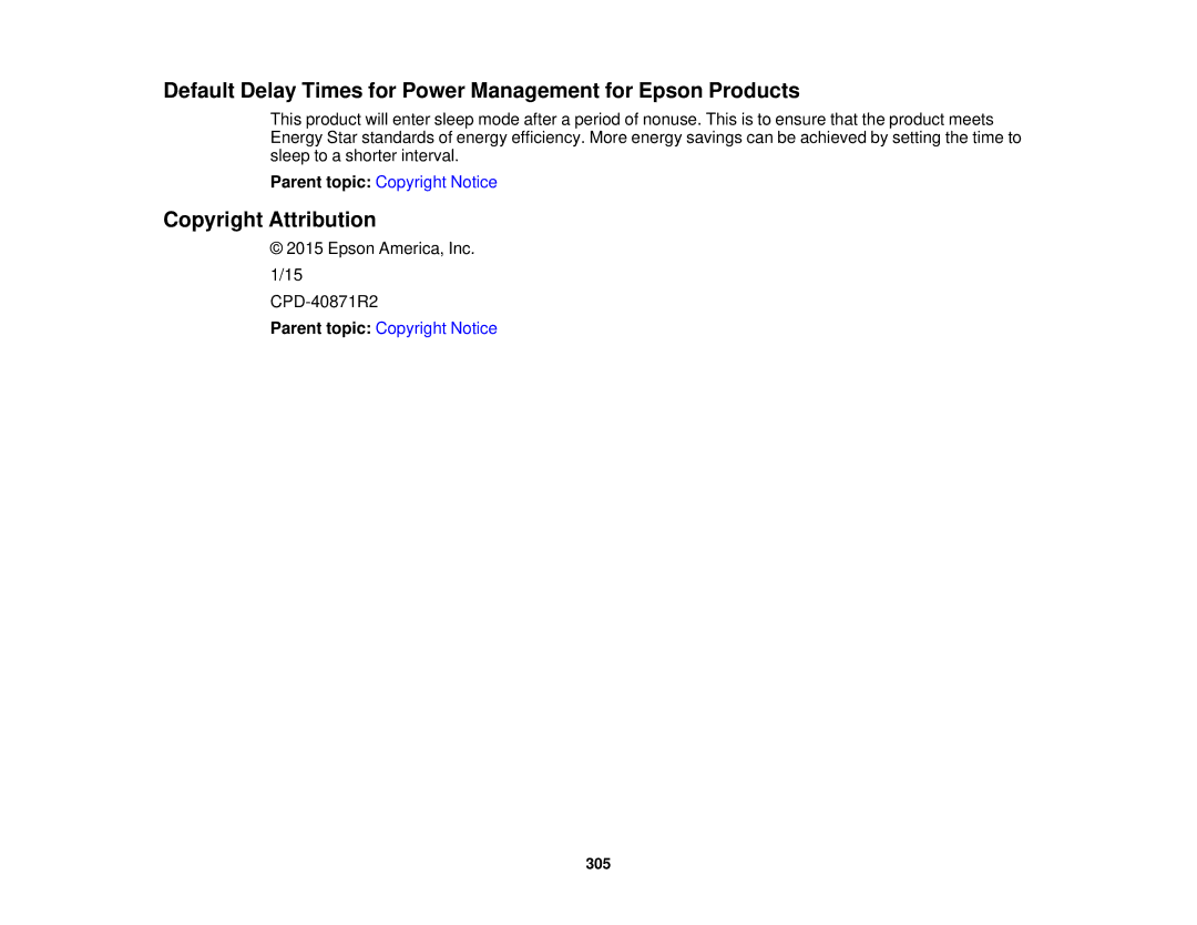 Epson WF2660 manual Default Delay Times for Power Management for Epson Products, Copyright Attribution 