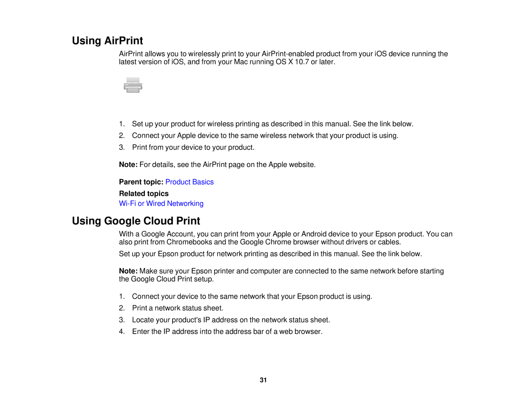 Epson WF2660 manual Using AirPrint, Using Google Cloud Print, Parent topic Product Basics Related topics 