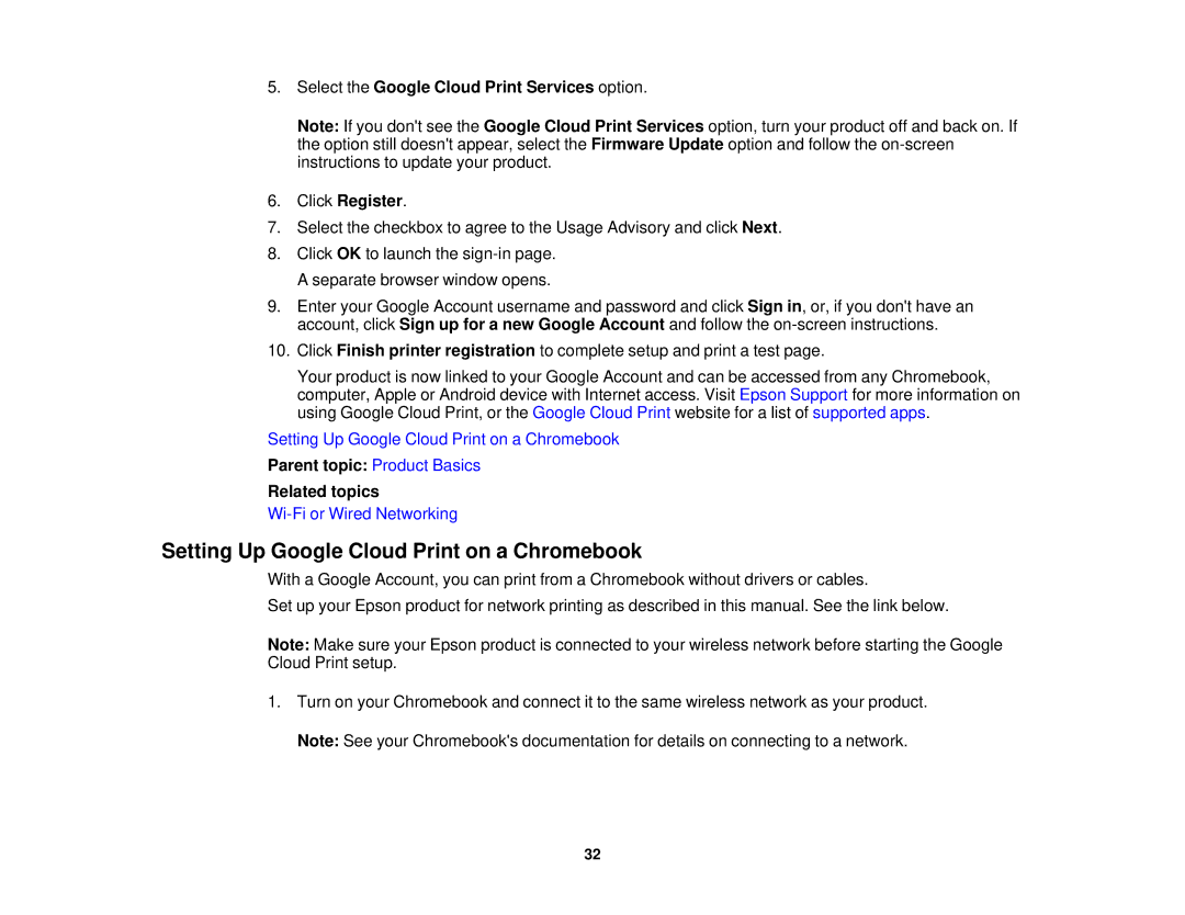 Epson WF2660 Setting Up Google Cloud Print on a Chromebook, Select the Google Cloud Print Services option Click Register 