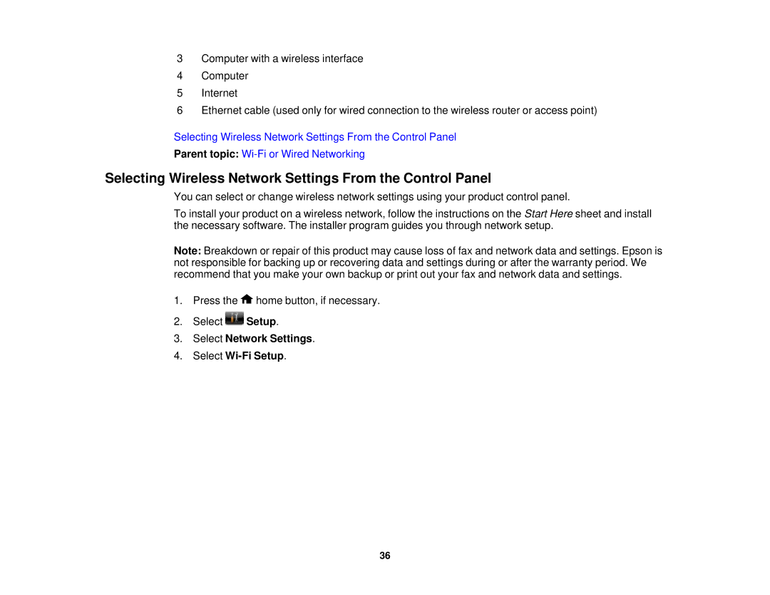 Epson WF2660 manual Selecting Wireless Network Settings From the Control Panel, Select Network Settings Select Wi-Fi Setup 