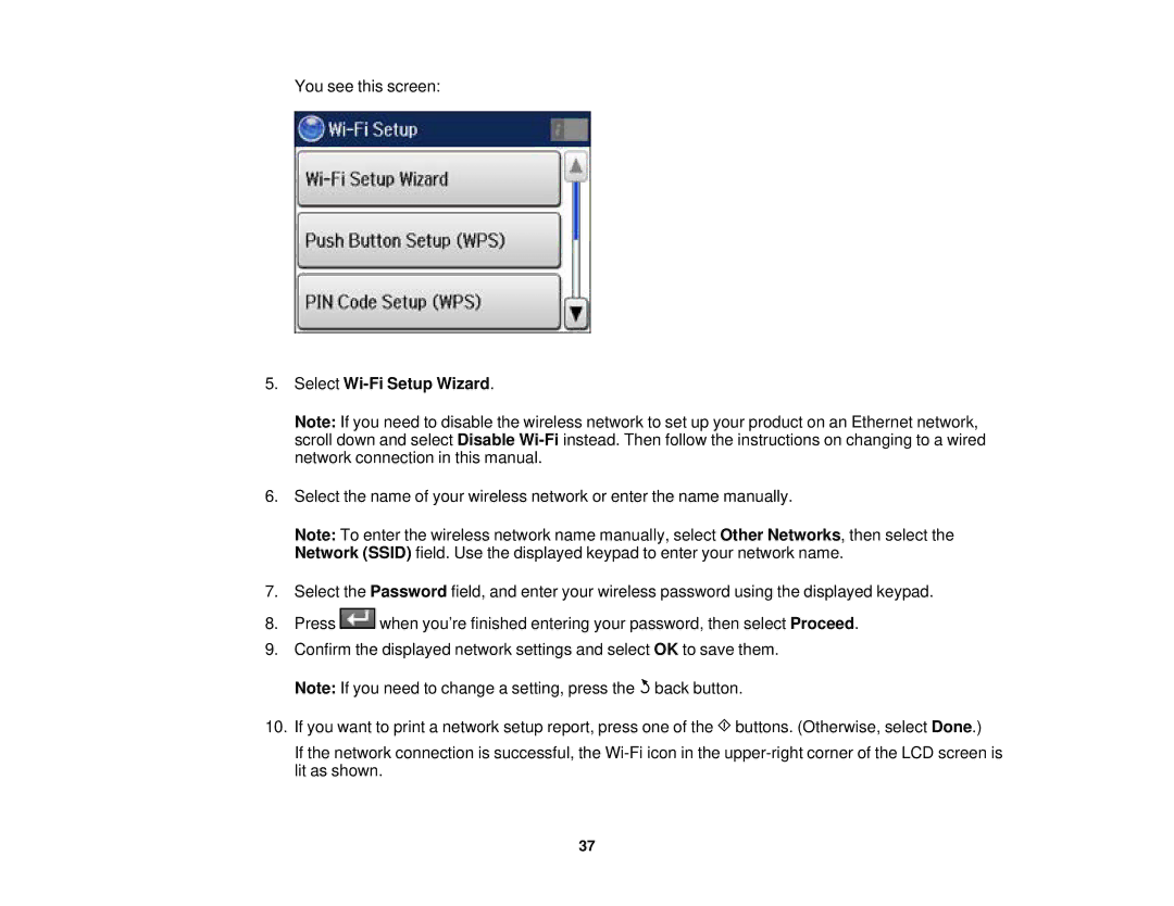 Epson WF2660 manual Select Wi-Fi Setup Wizard 