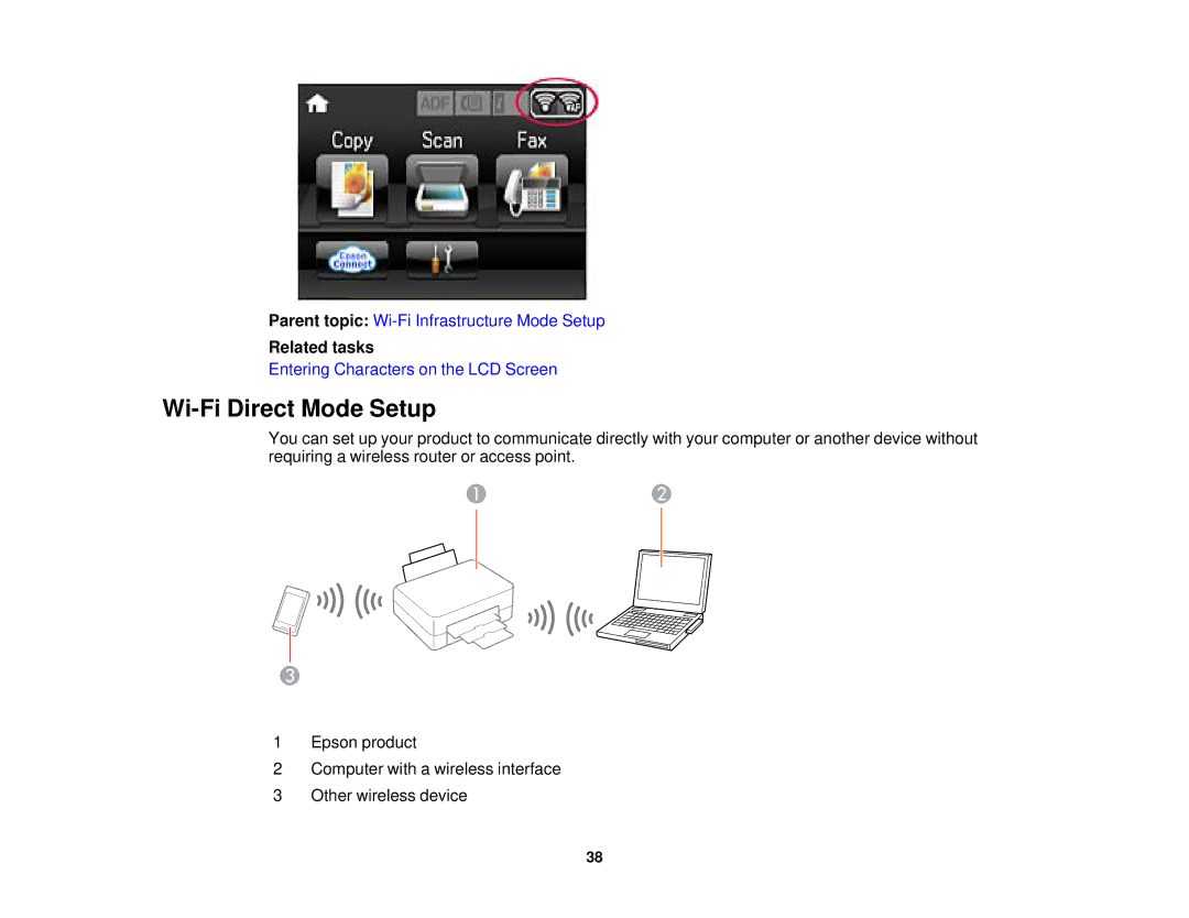 Epson WF2660 manual Wi-Fi Direct Mode Setup, Related tasks 