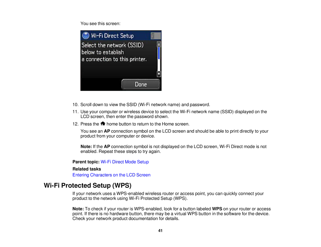 Epson WF2660 manual Wi-Fi Protected Setup WPS, Related tasks 