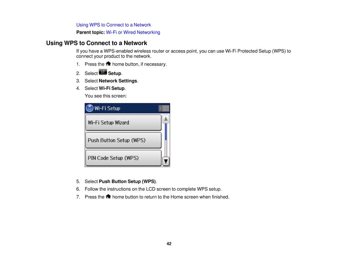 Epson WF2660 manual Using WPS to Connect to a Network, Select Network Settings, Select Push Button Setup WPS 