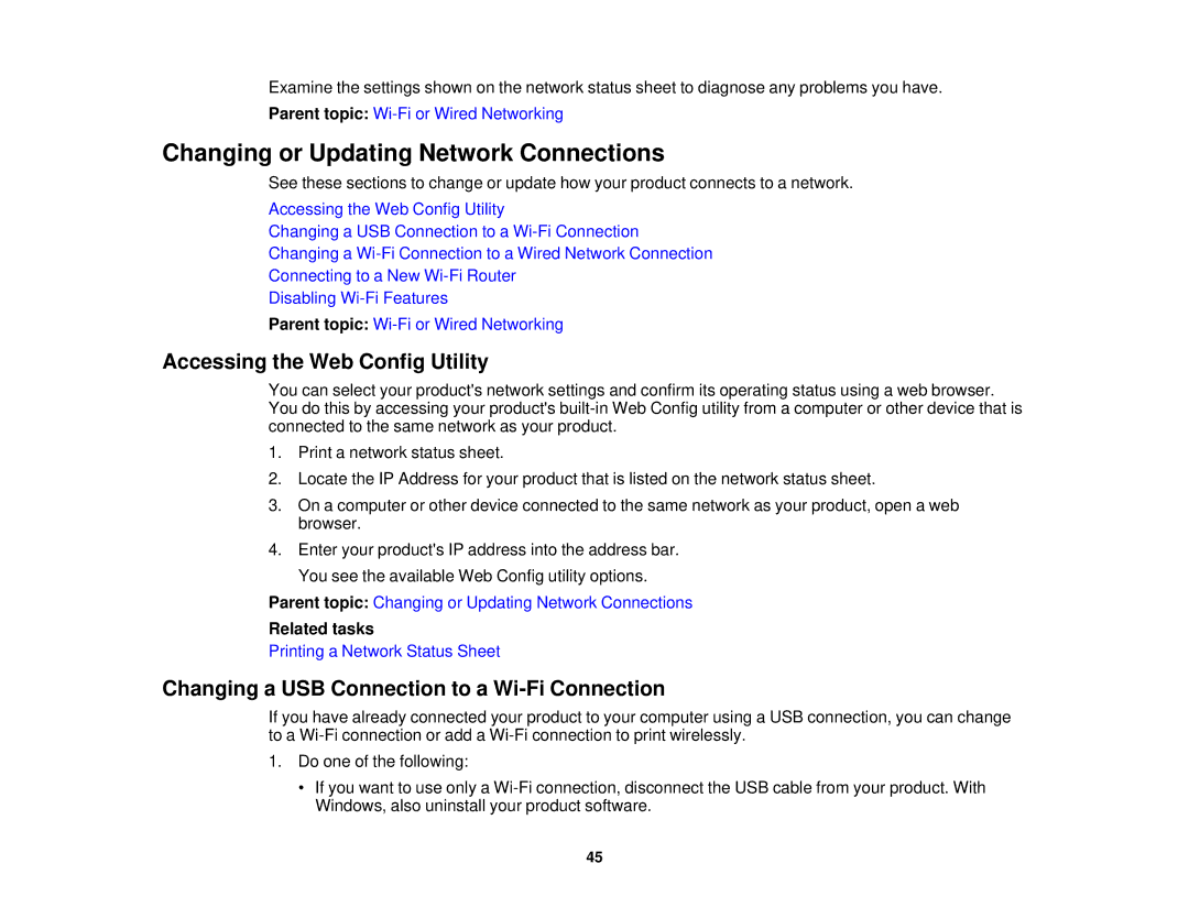 Epson WF2660 manual Changing or Updating Network Connections, Accessing the Web Config Utility 