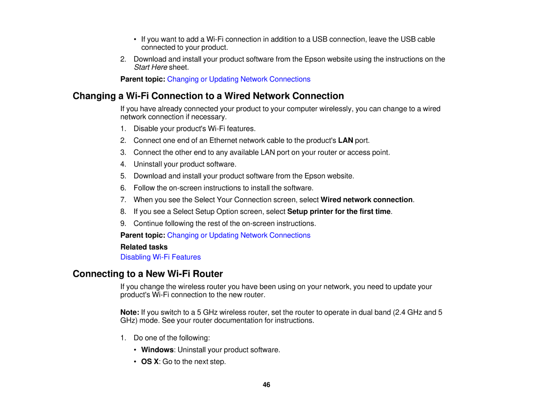 Epson WF2660 manual Changing a Wi-Fi Connection to a Wired Network Connection, Connecting to a New Wi-Fi Router 