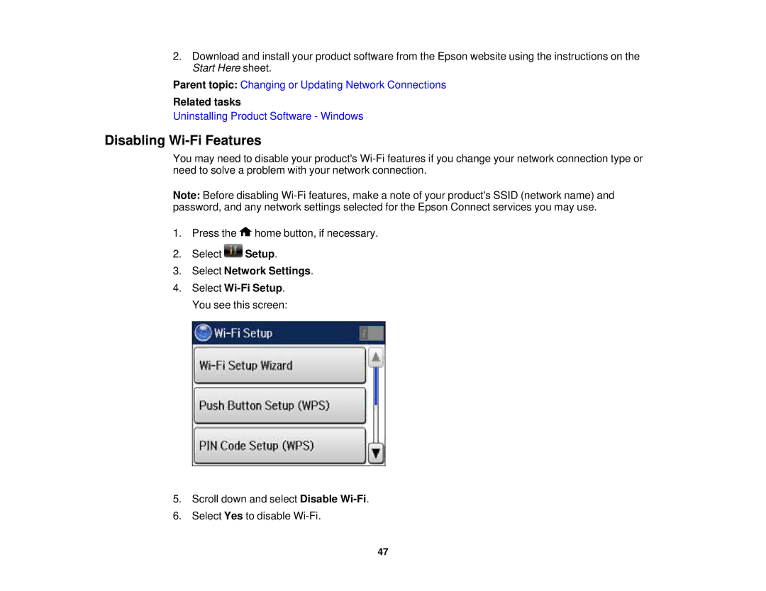 Epson WF2660 manual Disabling Wi-Fi Features, Select Network Settings 