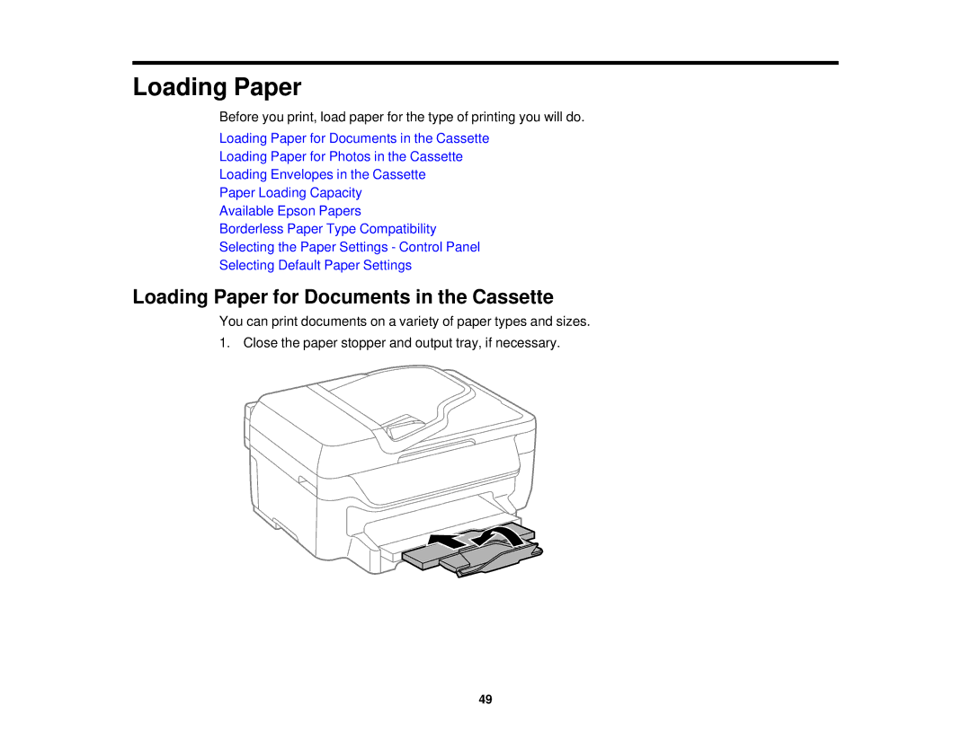 Epson WF2660 manual Loading Paper for Documents in the Cassette 