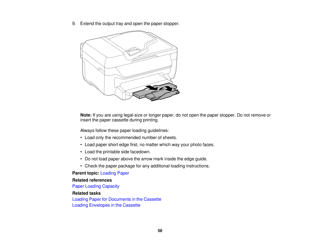 Epson WF2660 manual Parent topic Loading Paper Related references 