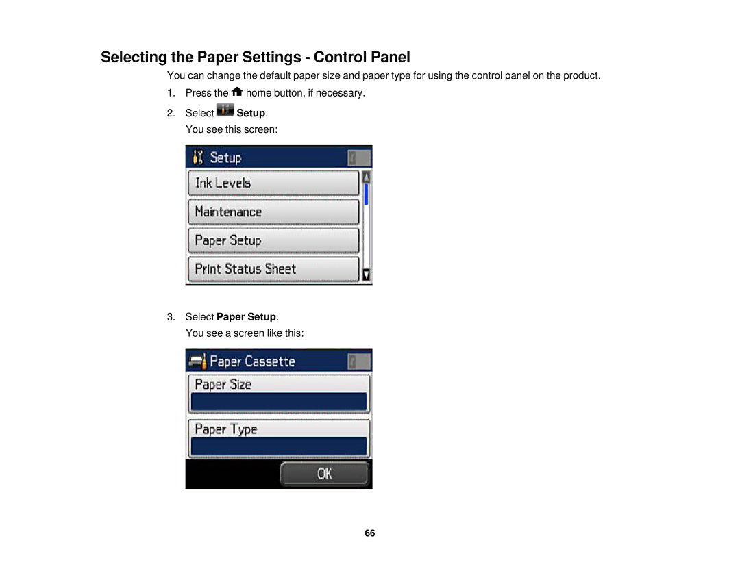 Epson WF2660 manual Selecting the Paper Settings Control Panel, Select Paper Setup 