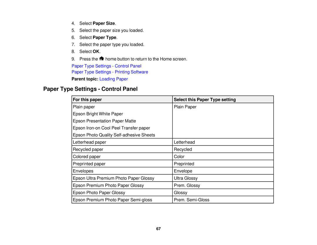 Epson WF2660 manual Paper Type Settings Control Panel, Select Paper Size, Select Paper Type 