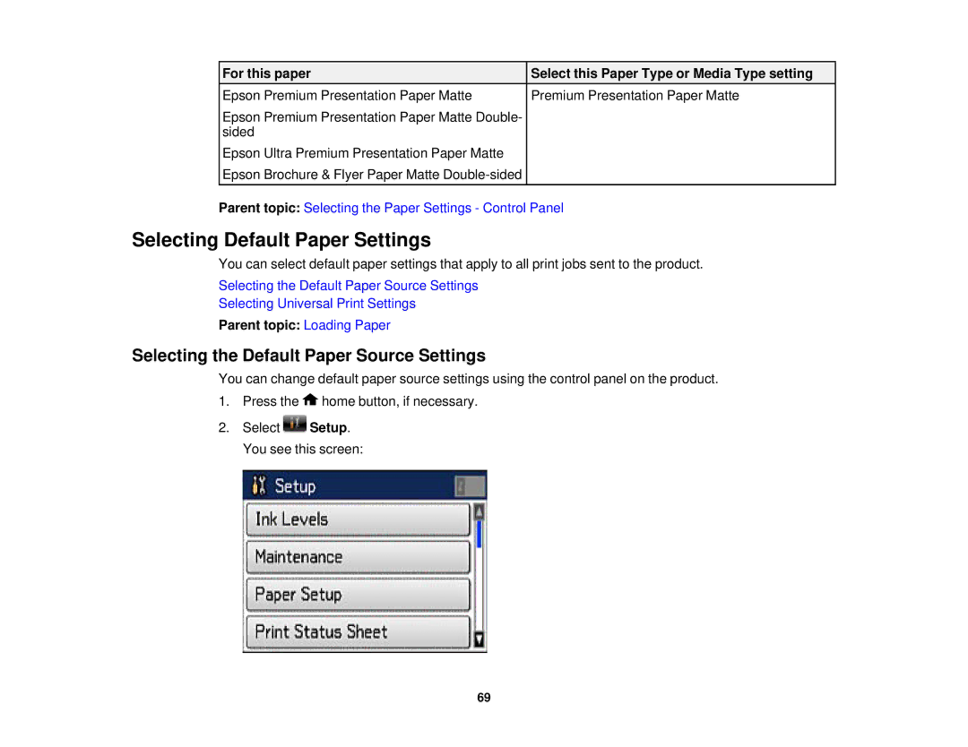 Epson WF2660 manual Selecting Default Paper Settings, Selecting the Default Paper Source Settings 