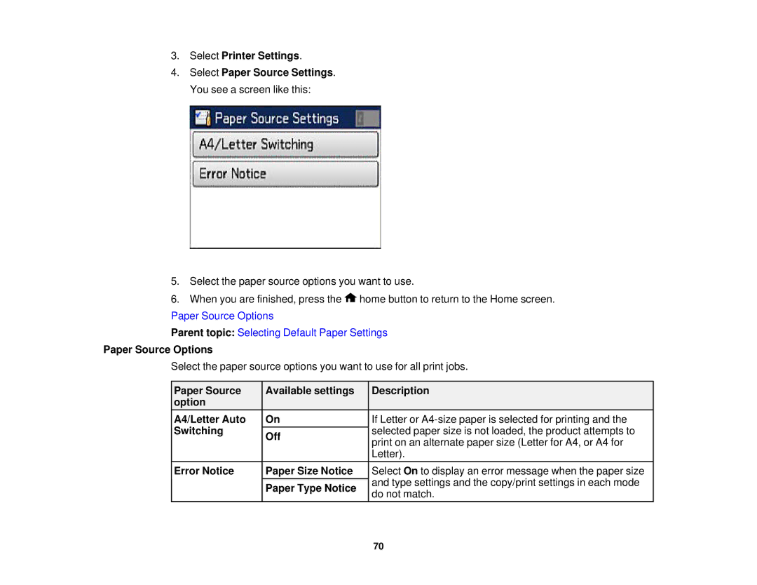 Epson WF2660 manual Select Printer Settings, Paper Source Options 