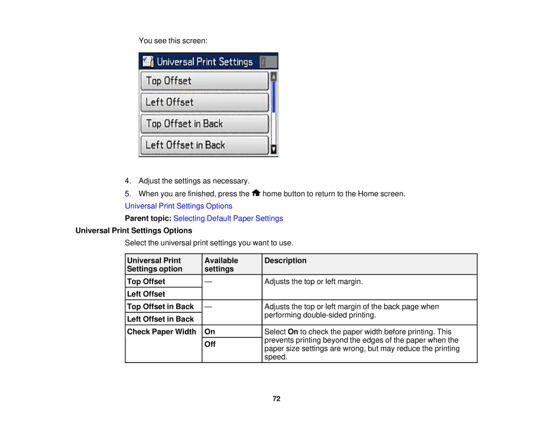 Epson WF2660 manual Universal Print Settings Options 