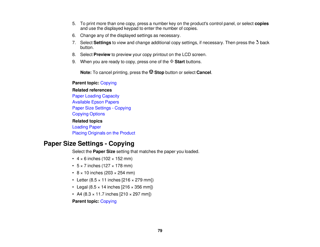 Epson WF2660 manual Paper Size Settings Copying, Parent topic Copying Related references 