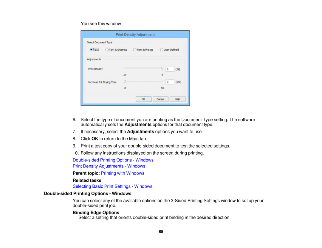 Epson WF2660 manual Double-sided Printing Options Windows, Binding Edge Options 