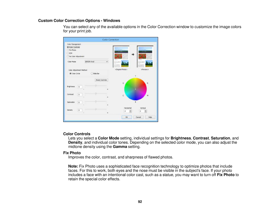 Epson WF2660 manual Custom Color Correction Options Windows, Color Controls, Fix Photo 