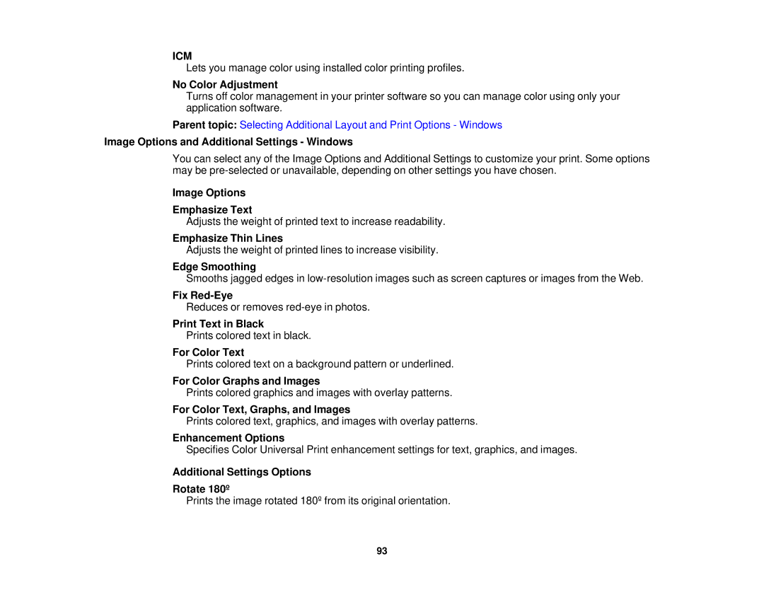 Epson WF2660 No Color Adjustment, Image Options and Additional Settings Windows, Image Options Emphasize Text, Fix Red-Eye 