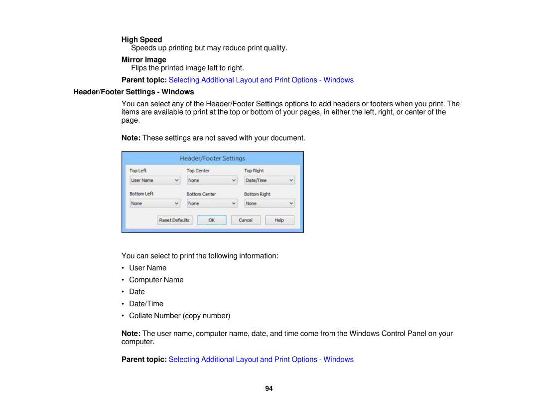 Epson WF2660 manual High Speed, Mirror Image, Header/Footer Settings Windows 