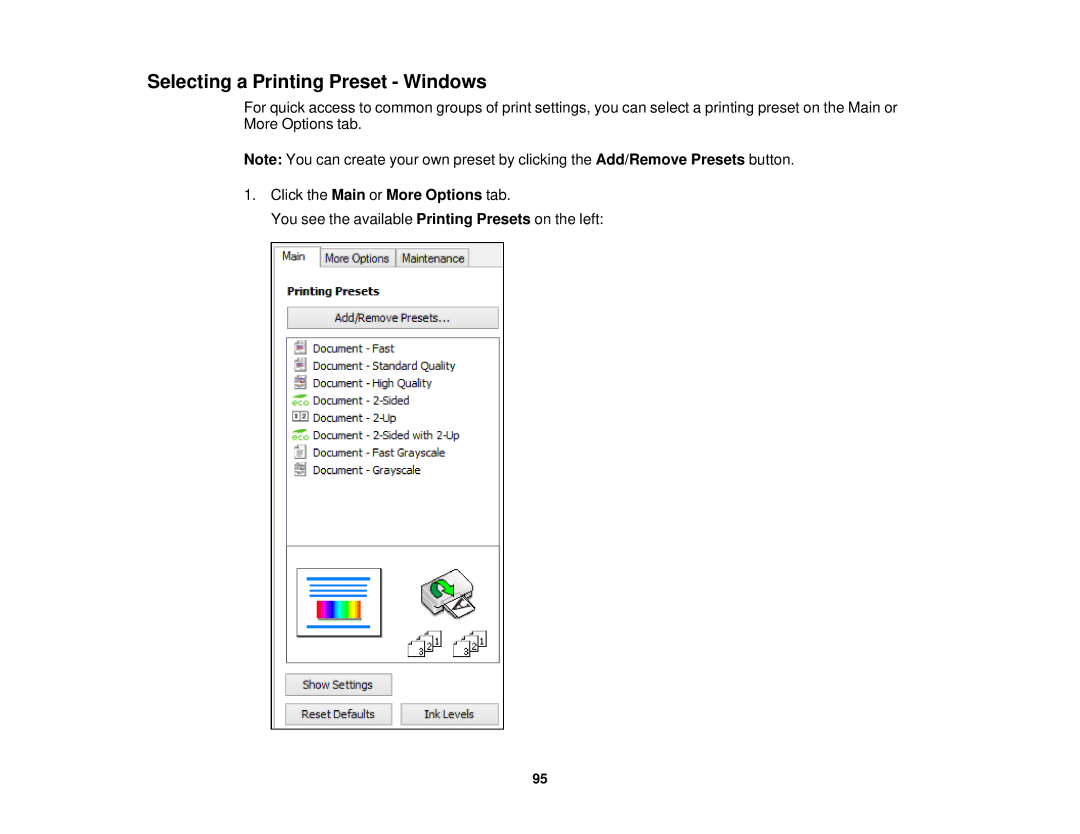 Epson WF2660 manual Selecting a Printing Preset Windows, Click the Main or More Options tab 