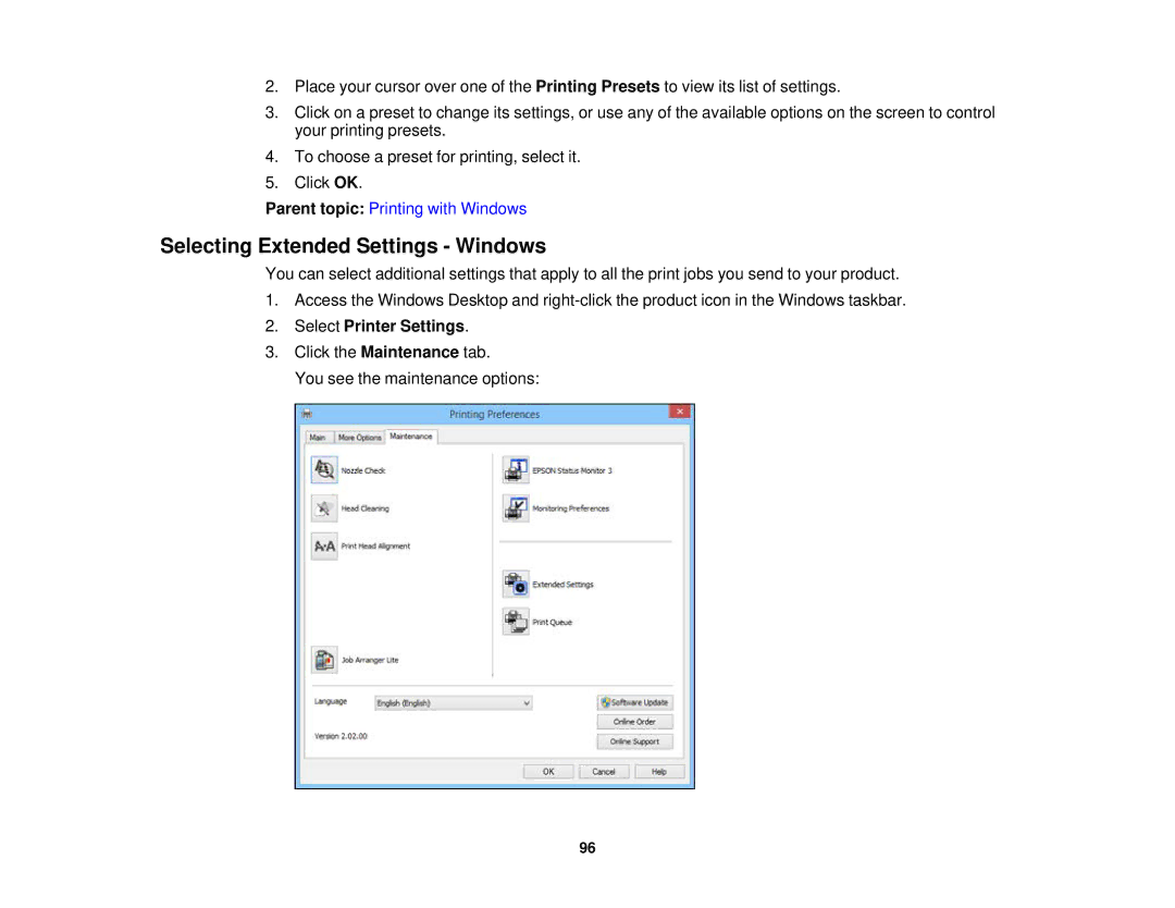 Epson WF2660 manual Selecting Extended Settings Windows, Select Printer Settings 