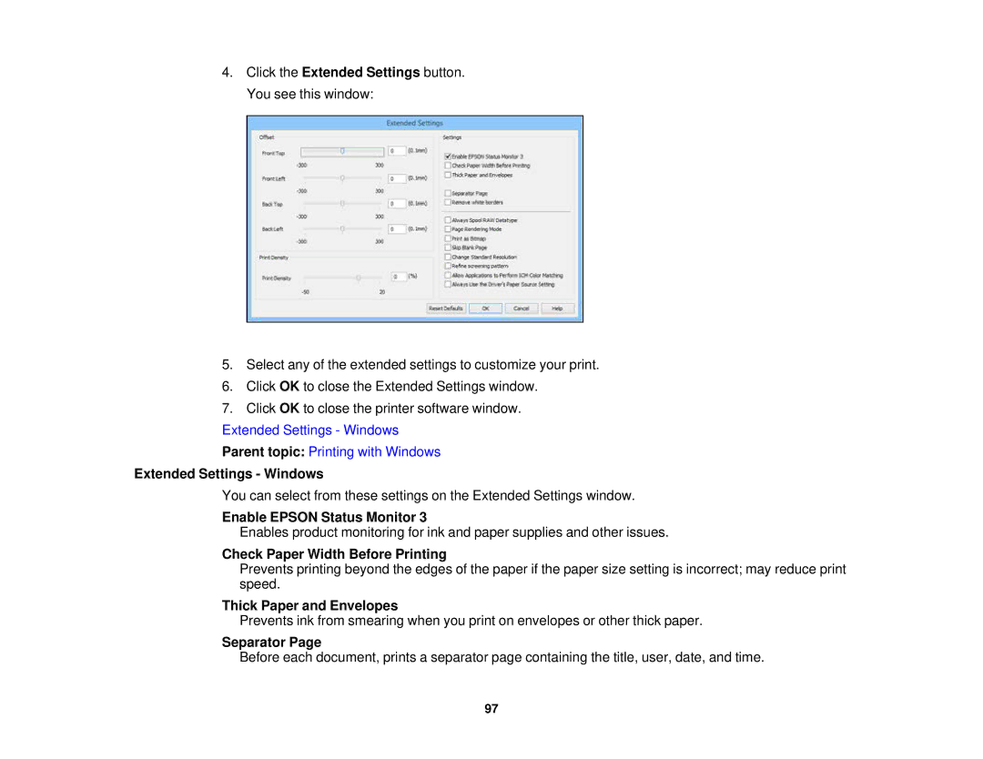 Epson WF2660 manual Extended Settings Windows, Enable Epson Status Monitor, Check Paper Width Before Printing, Separator 