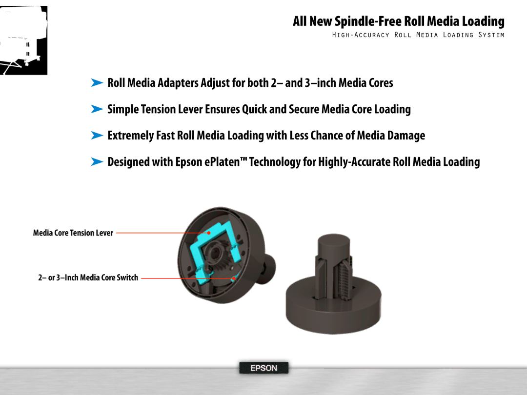 Epson WT7900 manual All New Spindle-Free Roll Media Loading, Media Core Tension Lever 2Ð or 3ÐInch Media Core Switch 