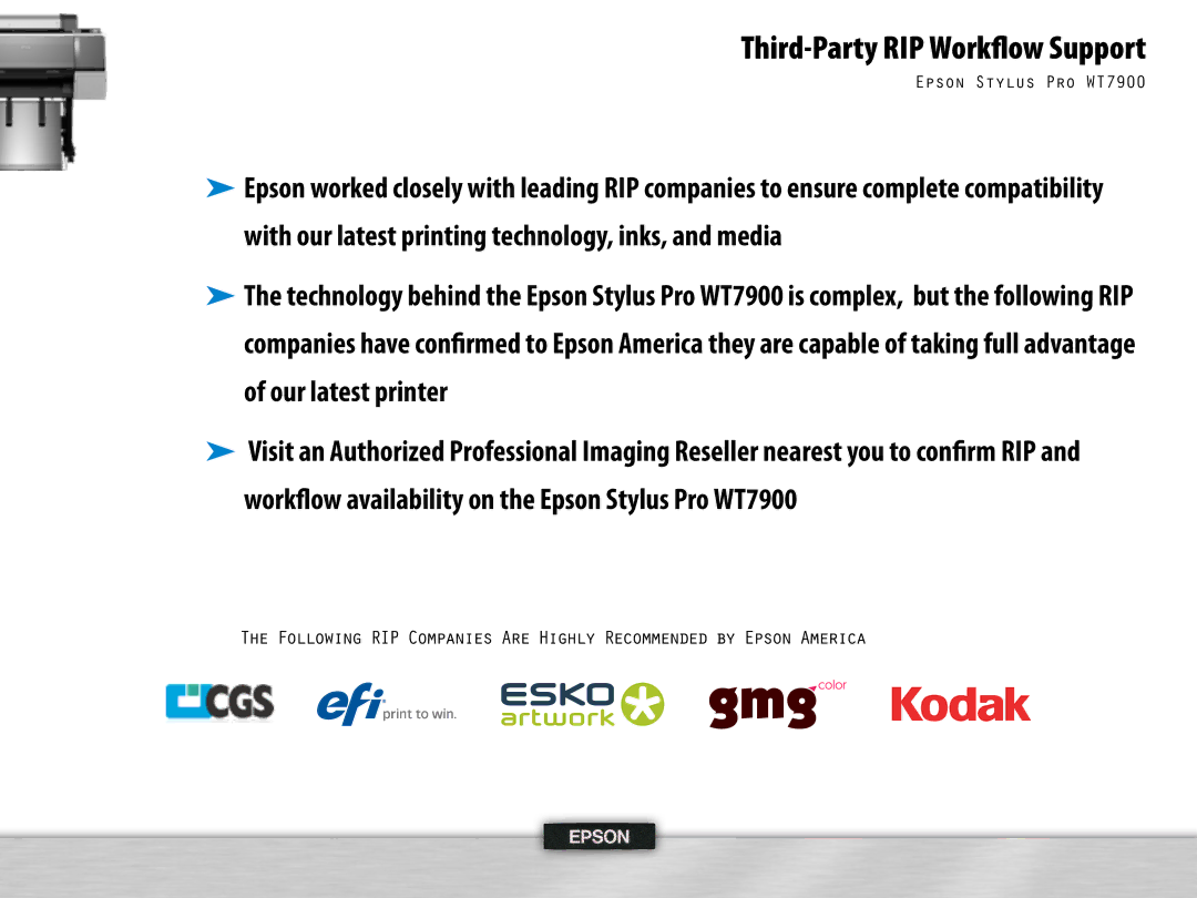 Epson WT7900 manual Third-Party RIP Workßow Support 