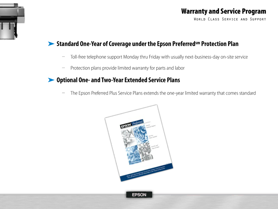 Epson WT7900 manual Warranty and Service Program, Optional One- and Two-Year Extended Service Plans 