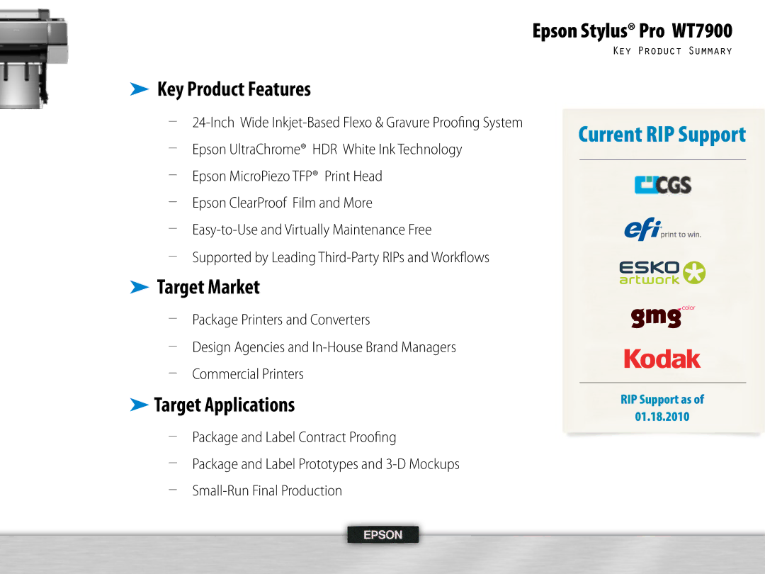 Epson WT7900 manual Key Product Features, Target Market, Target Applications 