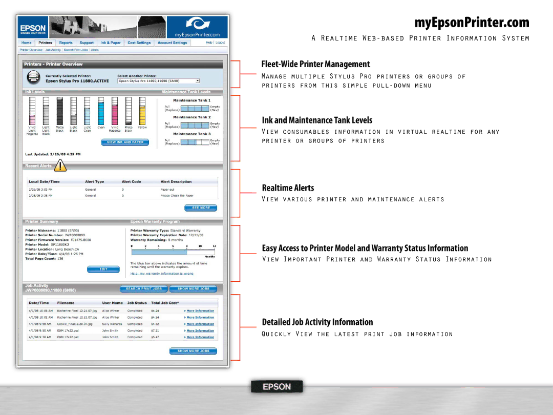 Epson WT7900 manual Fleet-Wide Printer Management, Ink and Maintenance Tank Levels, Realtime Alerts 