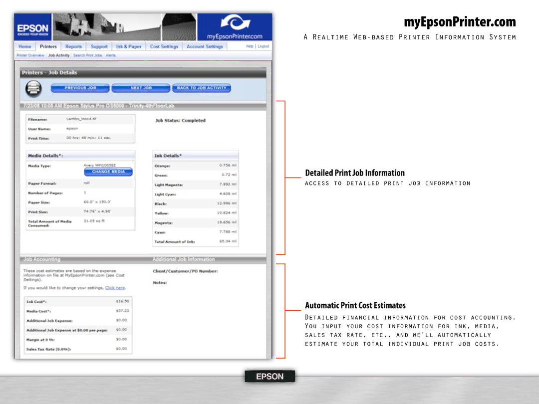 Epson WT7900 manual Detailed Print Job Information, Automatic Print Cost Estimates 