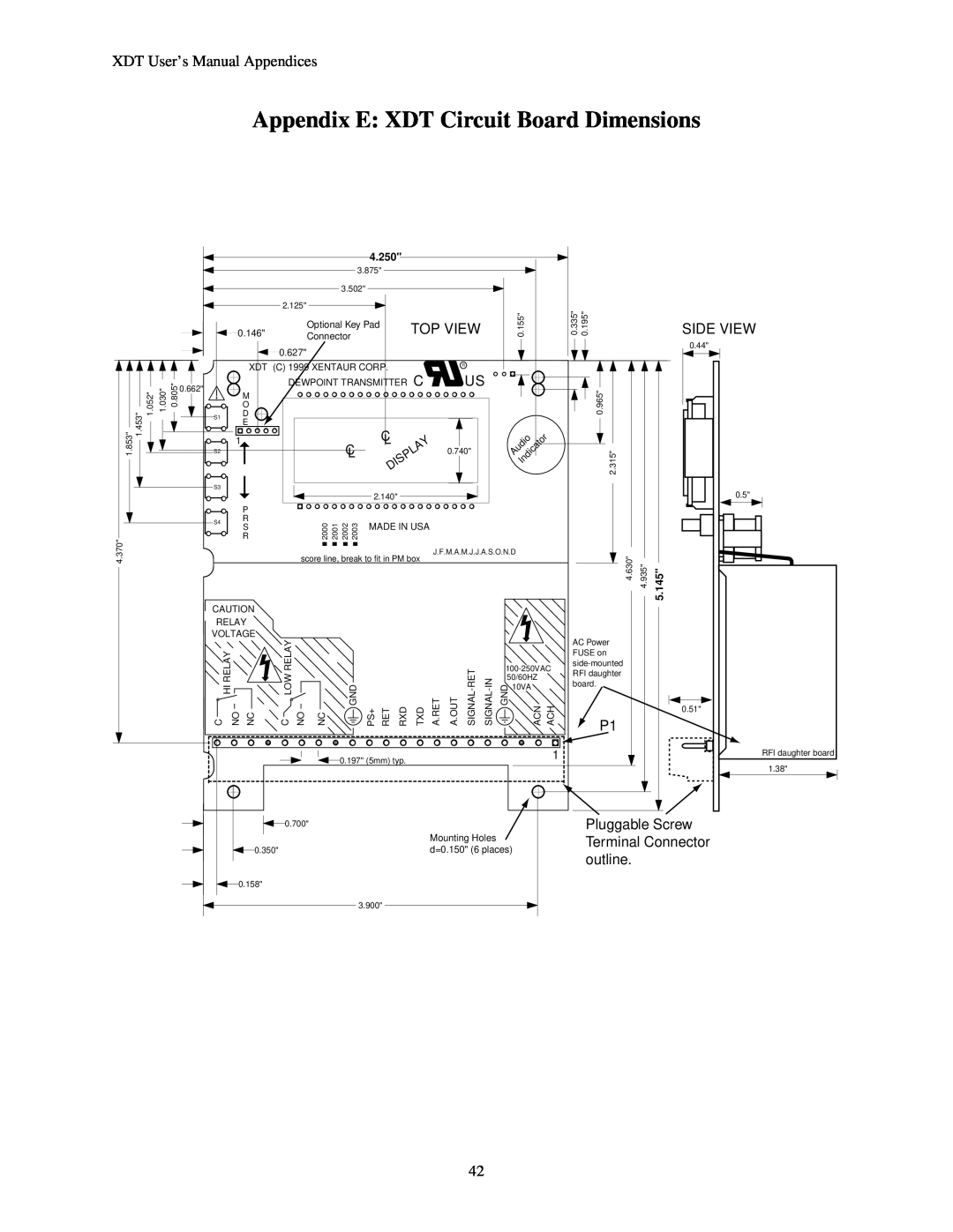 Epson manual Appendix E XDT Circuit Board Dimensions, Top View, Side View, Pluggable Screw, Terminal Connector, outline 