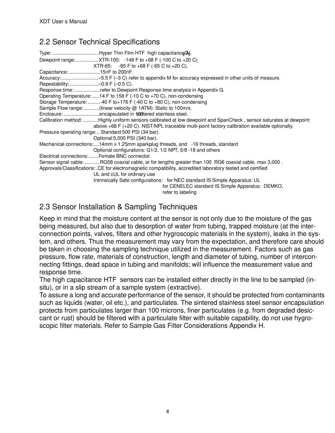 Epson XDT manual Sensor Technical Specifications, Sensor Installation & Sampling Techniques 