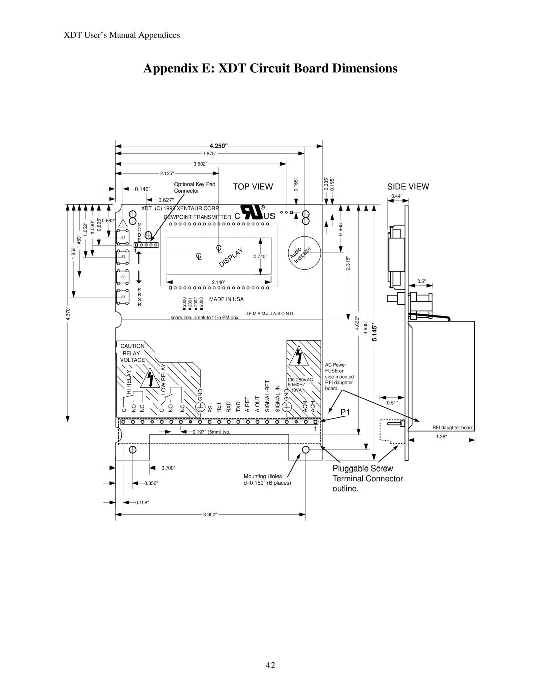 Epson manual Appendix E XDT Circuit Board Dimensions, Side View 