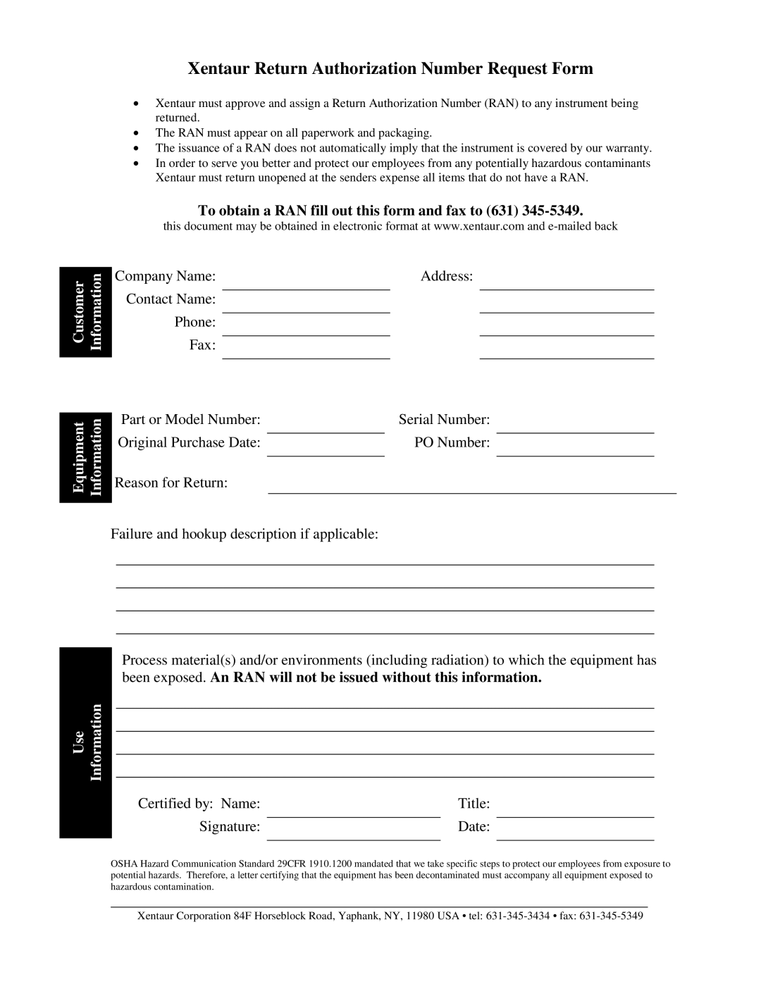 Epson XDT manual Xentaur Return Authorization Number Request Form, To obtain a RAN fill out this form and fax to 631 